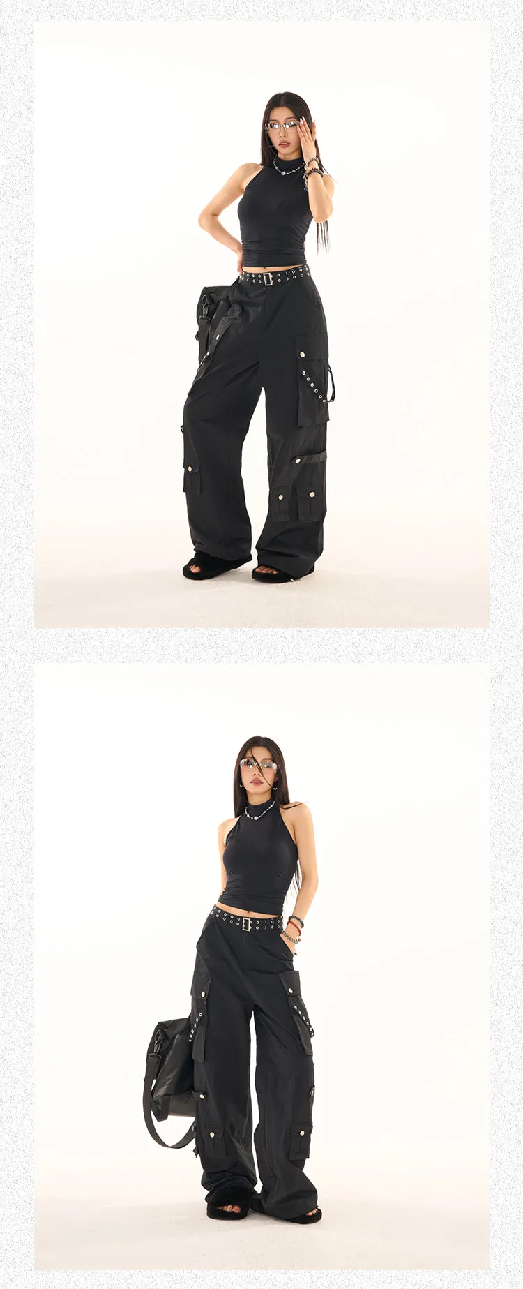 Masha Solid Color Multi-Pocket Multi-Strap High Waist Straight Leg Cargo Pants