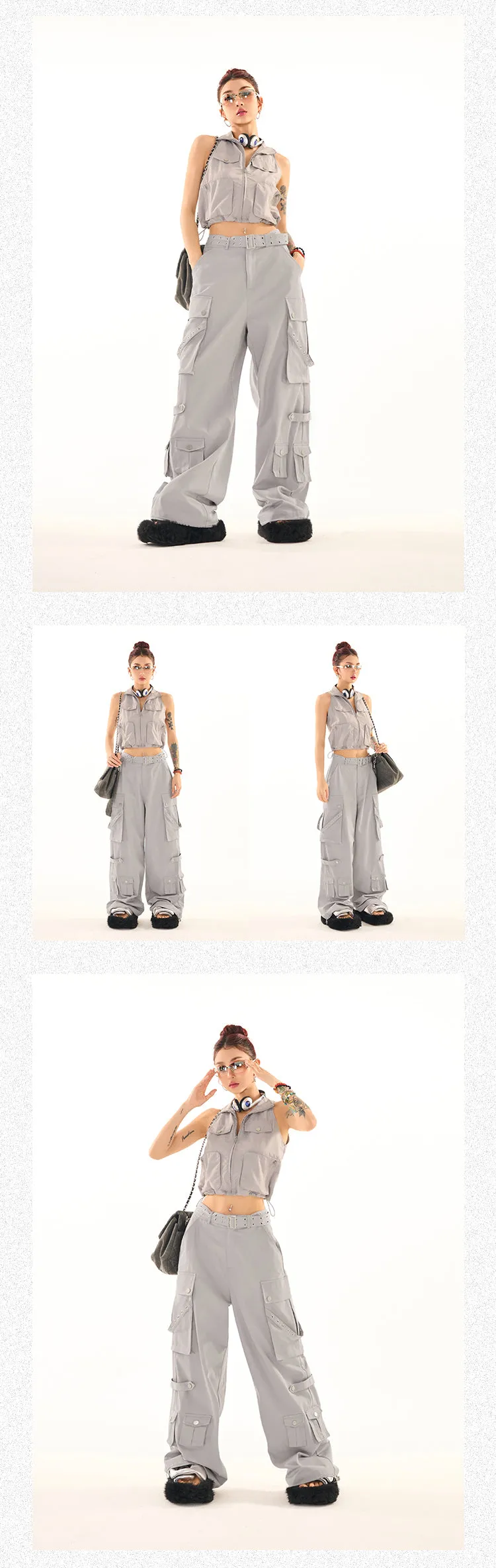 Masha Solid Color Multi-Pocket Multi-Strap High Waist Straight Leg Cargo Pants