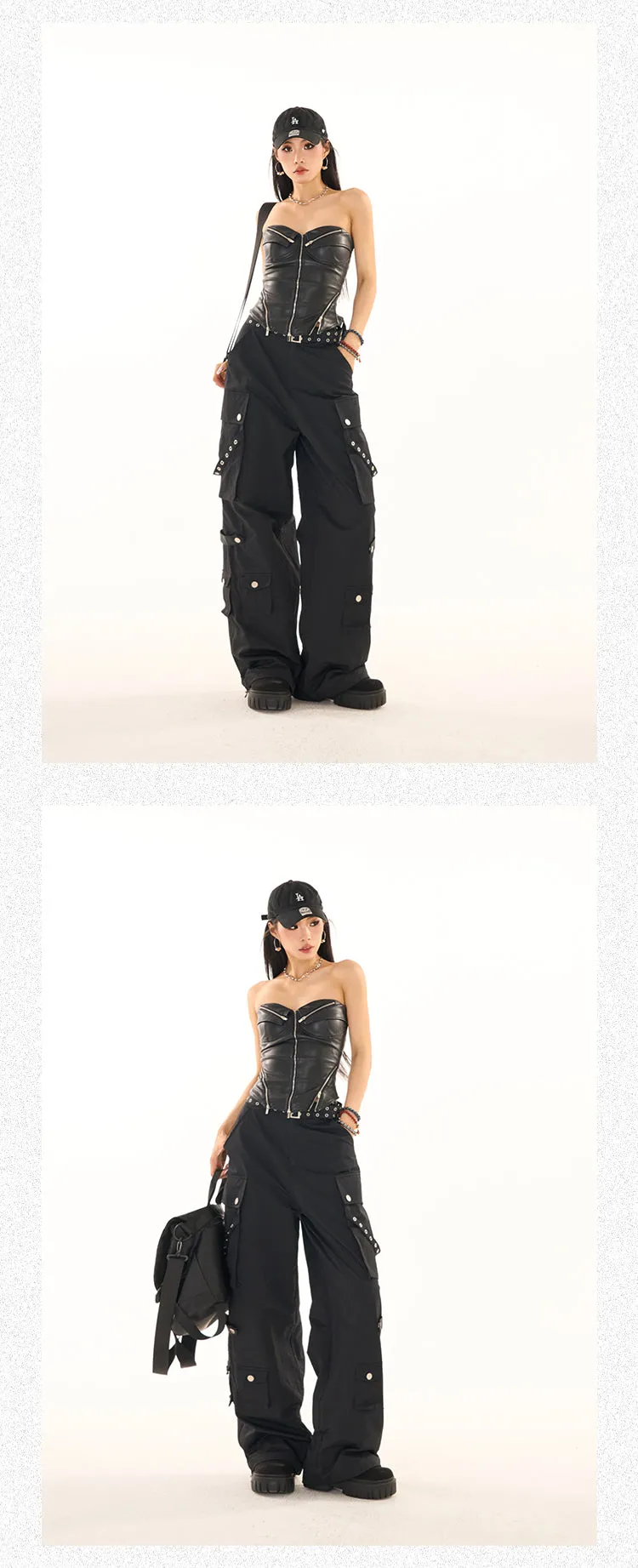 Masha Solid Color Multi-Pocket Multi-Strap High Waist Straight Leg Cargo Pants