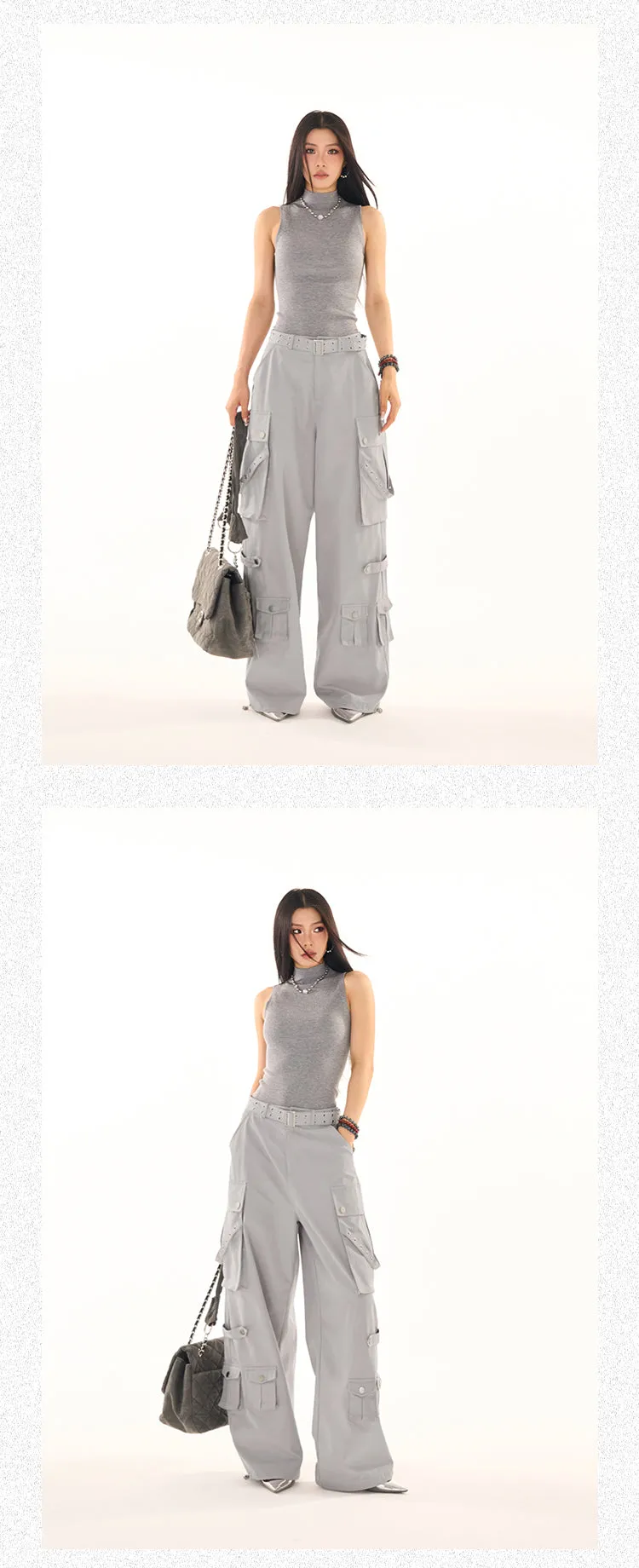 Masha Solid Color Multi-Pocket Multi-Strap High Waist Straight Leg Cargo Pants