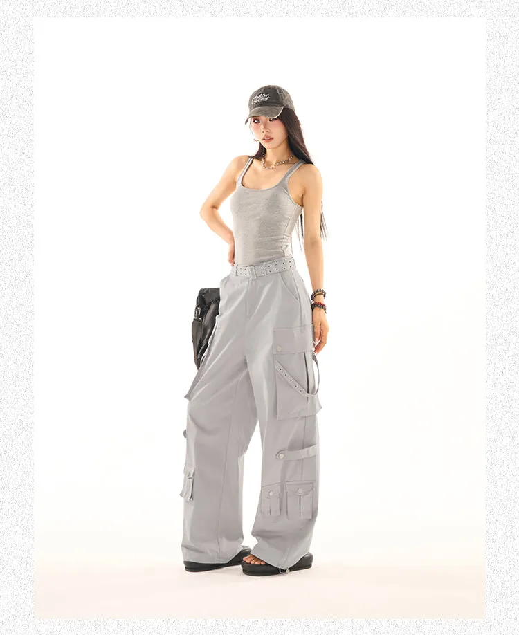 Masha Solid Color Multi-Pocket Multi-Strap High Waist Straight Leg Cargo Pants