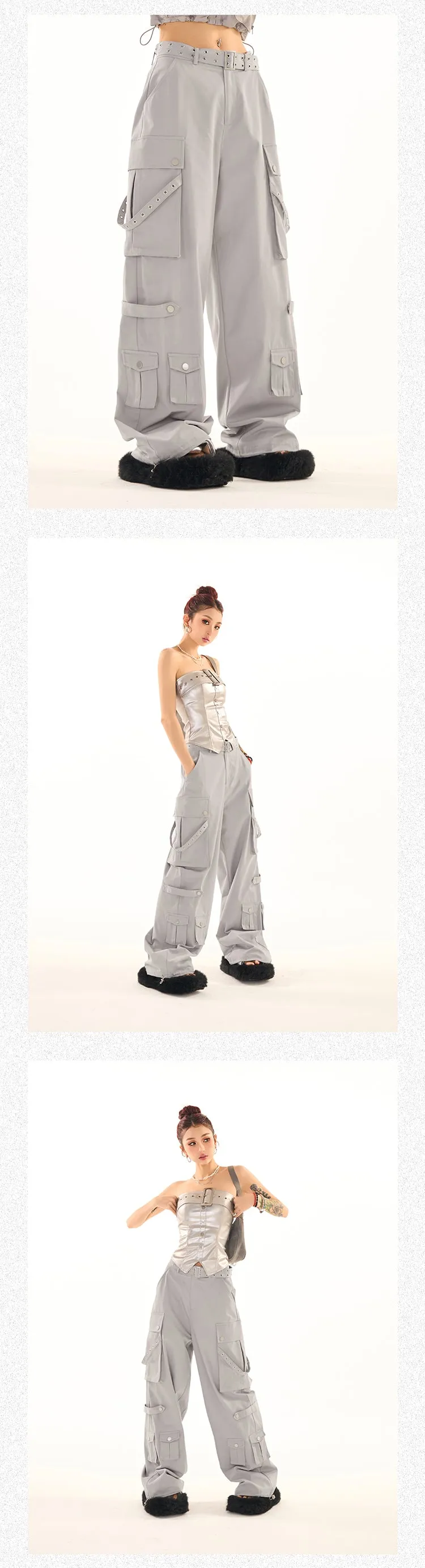 Masha Solid Color Multi-Pocket Multi-Strap High Waist Straight Leg Cargo Pants