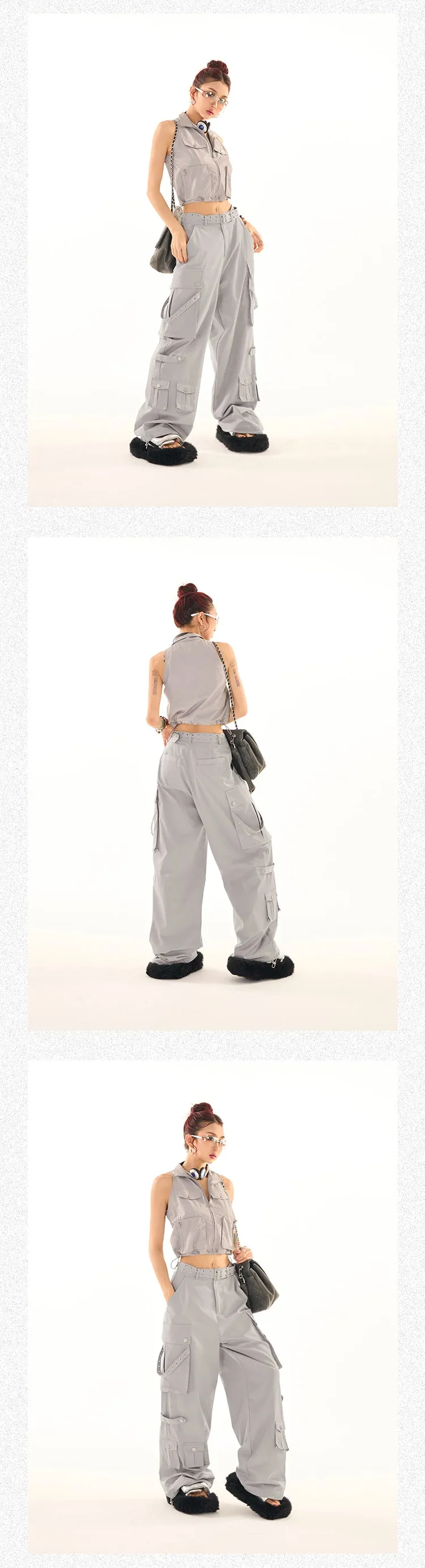 Masha Solid Color Multi-Pocket Multi-Strap High Waist Straight Leg Cargo Pants