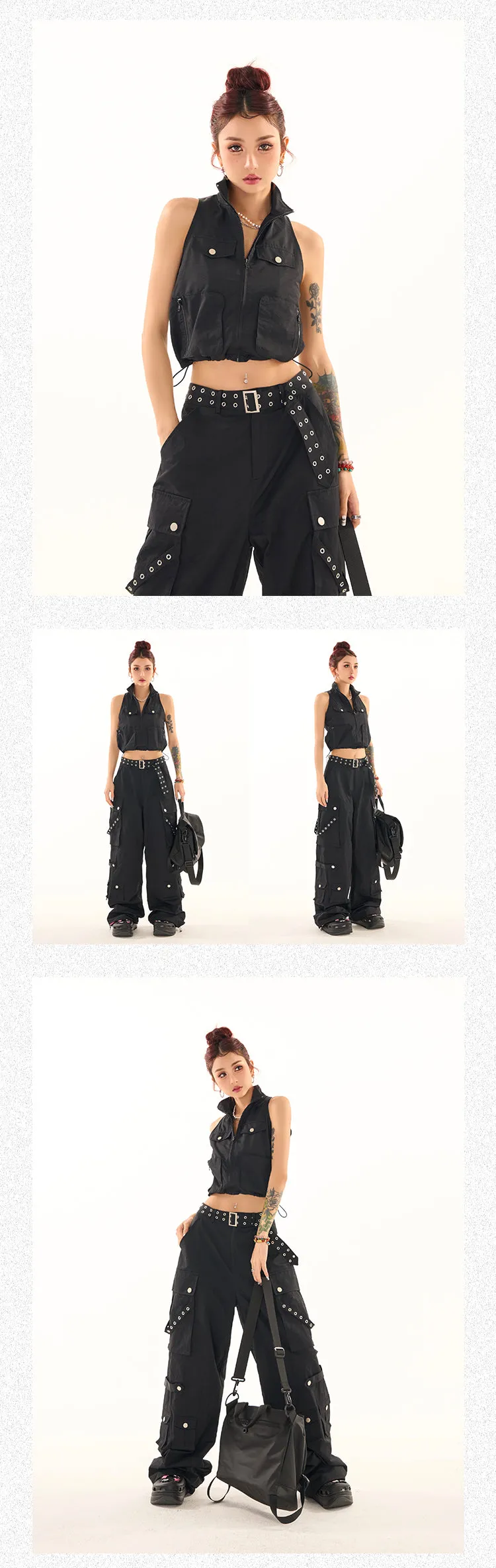 Masha Solid Color Multi-Pocket Multi-Strap High Waist Straight Leg Cargo Pants