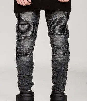 Mens Skinny jeans men Runway Distressed slim elastic jeans denim Biker jeans hiphop pants Washed black jeans for men blue