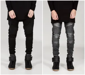 Mens Skinny jeans men Runway Distressed slim elastic jeans denim Biker jeans hiphop pants Washed black jeans for men blue