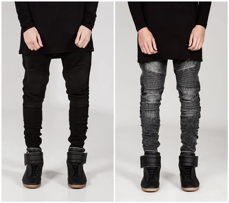 Mens Skinny jeans men Runway Distressed slim elastic jeans denim Biker jeans hiphop pants Washed black jeans for men blue