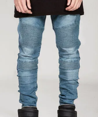 Mens Skinny jeans men Runway Distressed slim elastic jeans denim Biker jeans hiphop pants Washed black jeans for men blue
