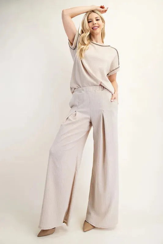 Textured Wide-Leg Pants with Pockets