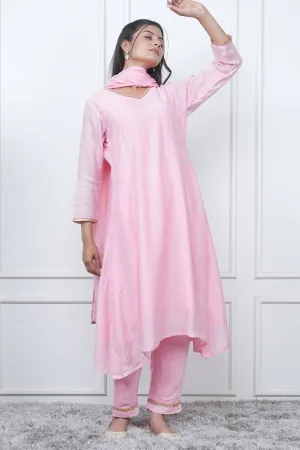 V-Neck Pink Flared Kurta Set