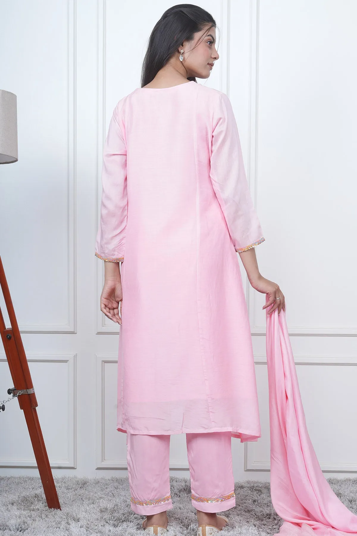 V-Neck Pink Flared Kurta Set