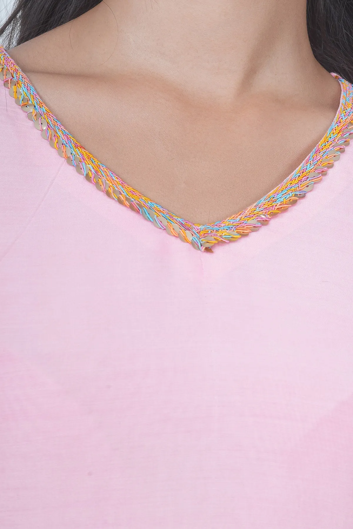 V-Neck Pink Flared Kurta Set