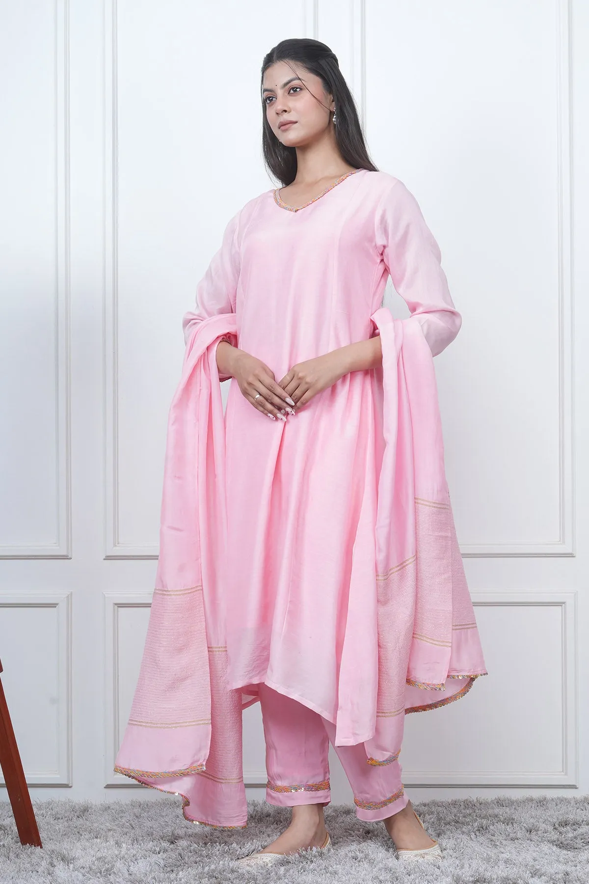 V-Neck Pink Flared Kurta Set