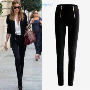 Women Lady Black\White Color Zip Pencil Pants High Waisted Slim Stretch Leggings Trousers Pants Plue size S-XL
